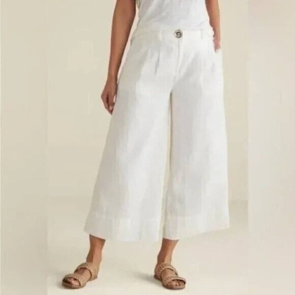 SOFT SURROUNDINGS 100% Linen Pleated Cropped Wide Leg Pants Pockets White size 4